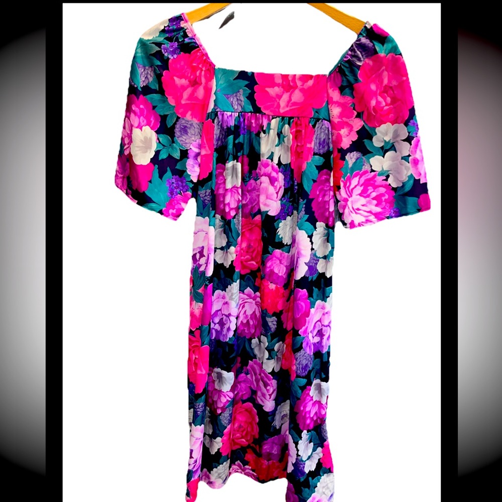 Vintage pink floral Hawaiian mumu dress 70s GRANADA PINK purple Lounge Beach Lg